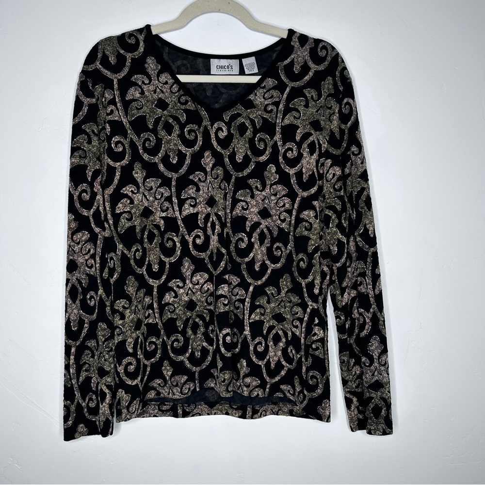 Chico's‎ Travelers Black Tan Green Gold Damask Design Top Size 3 (XL/16) Fall